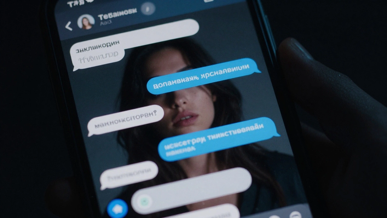 A smartphone displaying encrypted Telegram messages in Cyrillic, no faces visible.