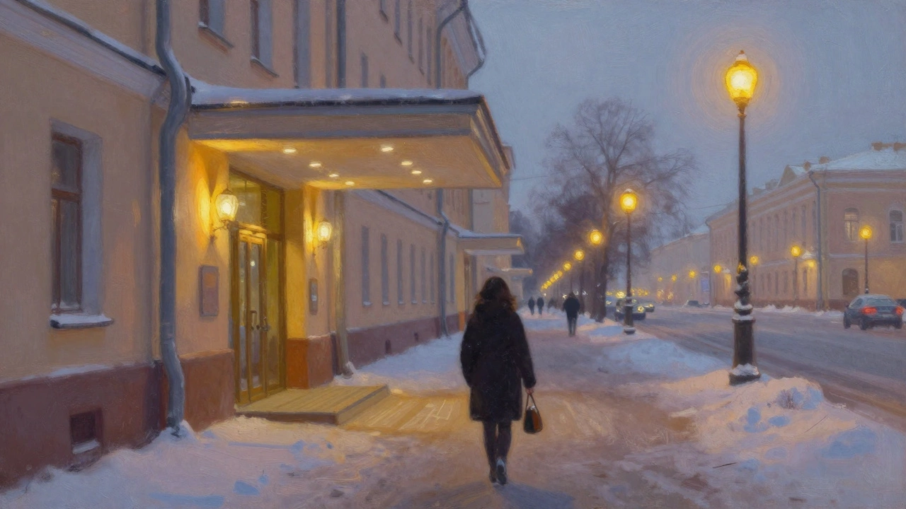 A woman walking away from a hotel at dusk in St. Petersburg, alone in the snow.