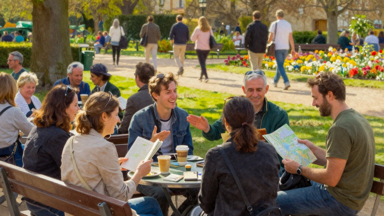People enjoying coffee and conversation in Luxembourg Gardens during golden hour.