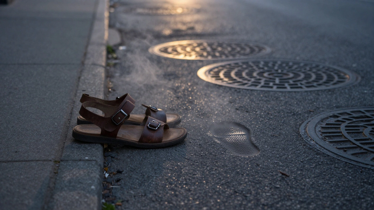 Worn sandals beside a wet sidewalk at dusk with a faint footprint.